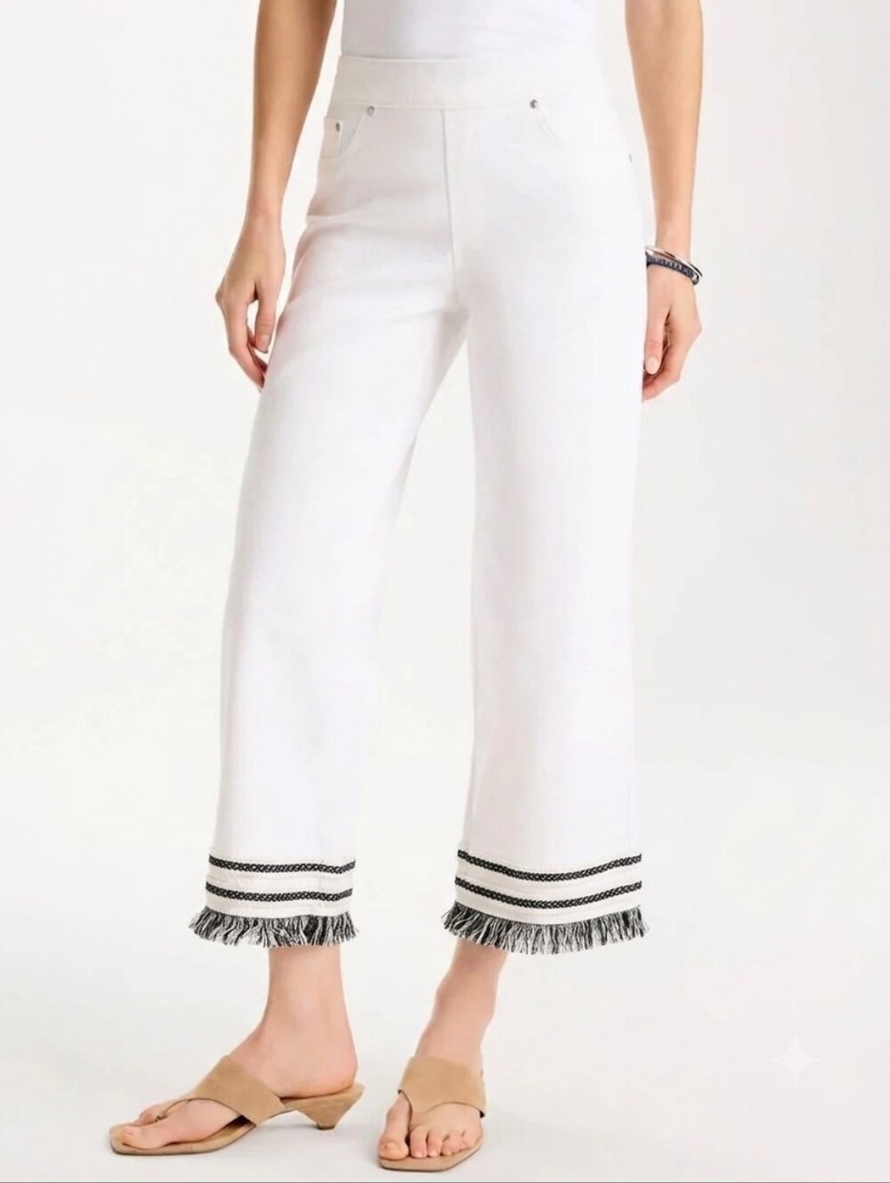 Chico's Perfect Stretch White Fringe-Hem Crop Pants,  Size 2.5/14